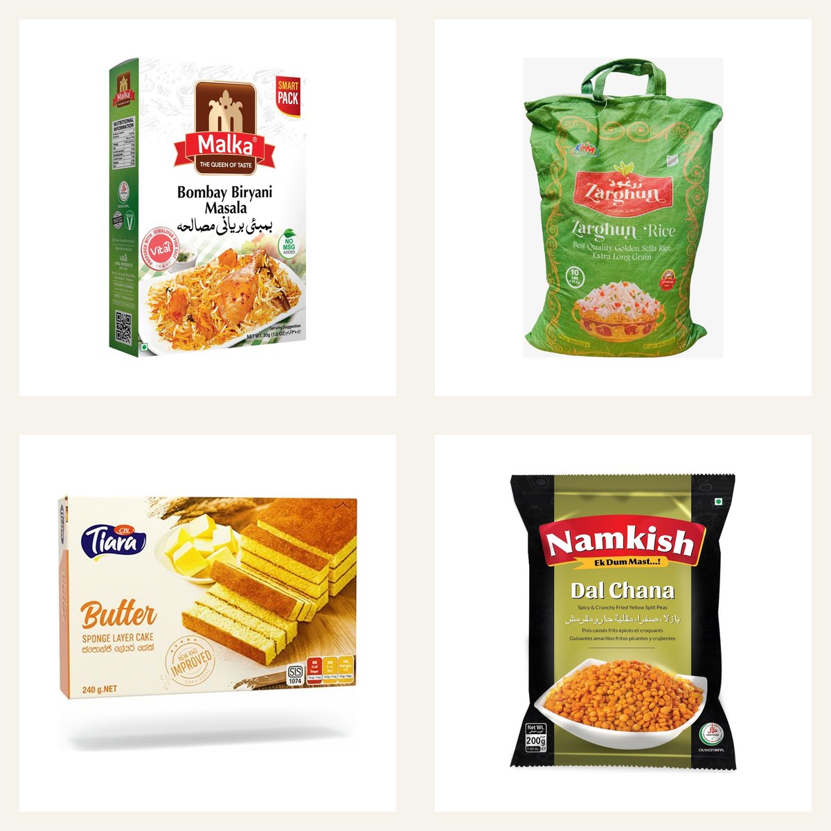 Malka biryani masala, Zarghun sella rice, Tiara butter cake and Namkish dal chana