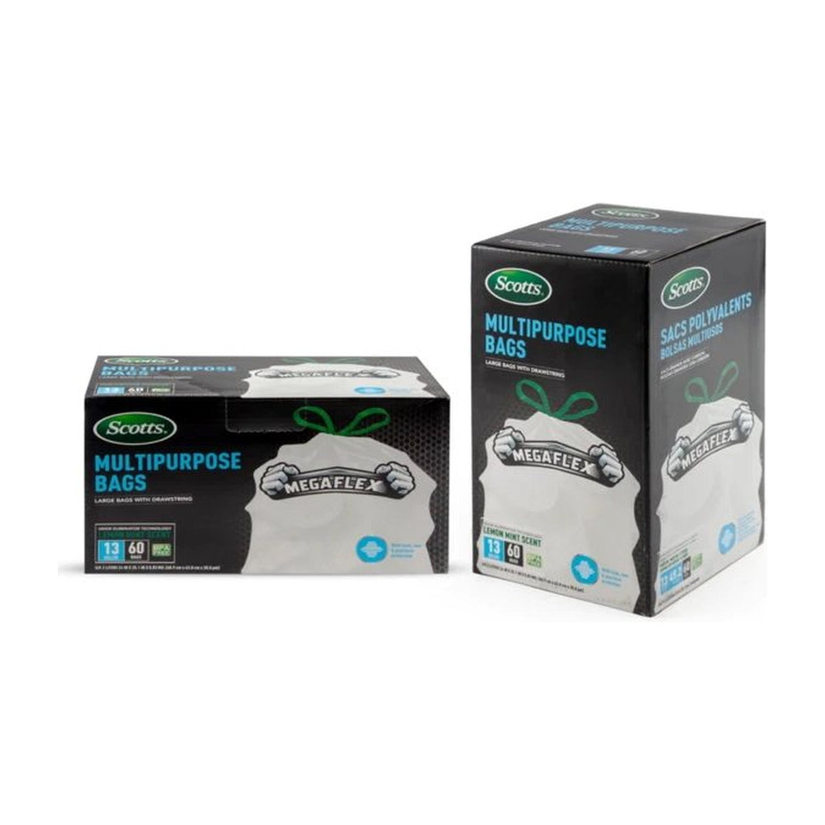 Box of 13 gallon drawstring flex kitchen trash bags