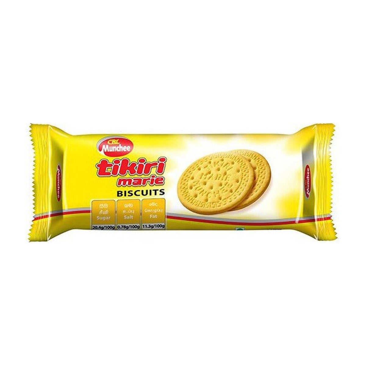 Tikiri Marie Biscuits 80g pack by Munchee with round biscuits on the wrapper